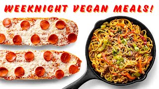 Simple WEEKNIGHT VEGAN Meal Ideas! Garlic Bread PIZZA, TOSTADAS & CHILI GARLIC NOODLES!