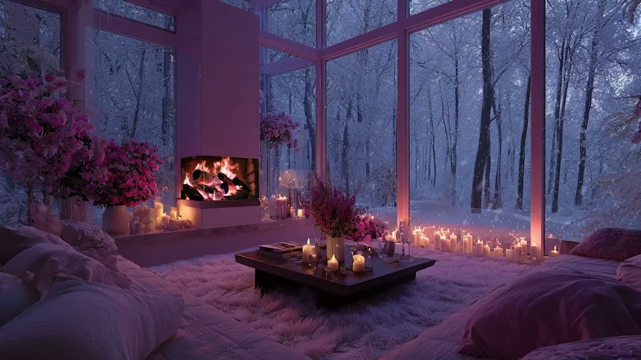 Romantic Cozy Winter Night with Snow Wind Outside and Crackling Fireplace Sounds for Sleep
