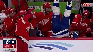 Lucas Raymond dumps Mikey Eyssimont into the Red Wings Bench 