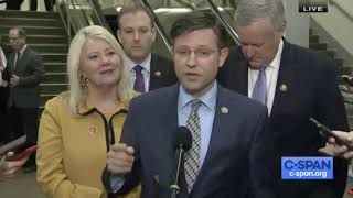 Rep. Mike Johnson (LA-04) addresses media during Monday's Senate impeachment trial.