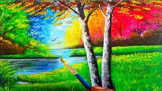 How To Make Acrylic Landscape Painting On Riverside ||  Simple Acrylic Landscape Painting On Canvas