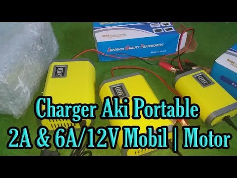 Charger aki dengan daya 12V6A. Charger aki ini memiliki layar LCD yang berguna untuk menampilkan inf. 