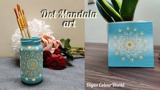 Dot mandala art on Canvas | DIY brush holder | Mini canvas painting | Mandala art on Glass jar