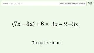 Linear equation with one unknown: Solve 7x+6=3x+2 step-by-step solution