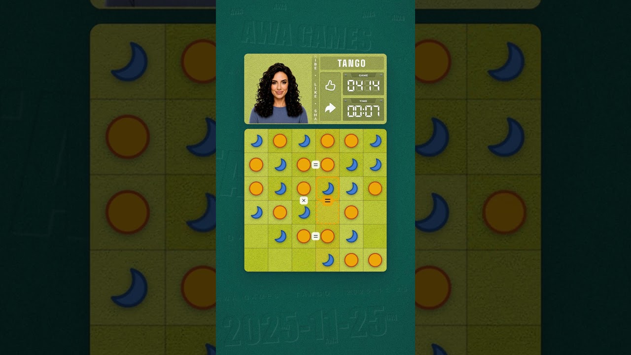 LinkedIn Tango #414 solved board for November 25, 2025, 6x6 grid
