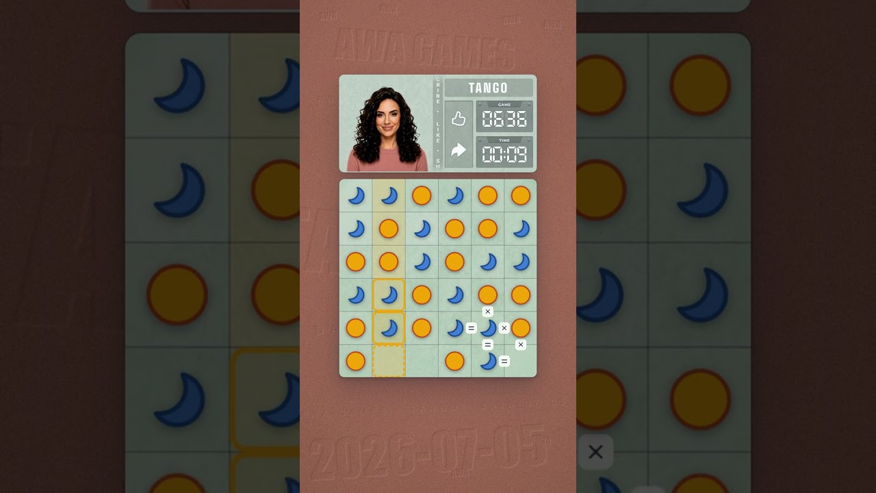 LinkedIn Tango #636 solved board for July 5, 2026, 6x6 grid