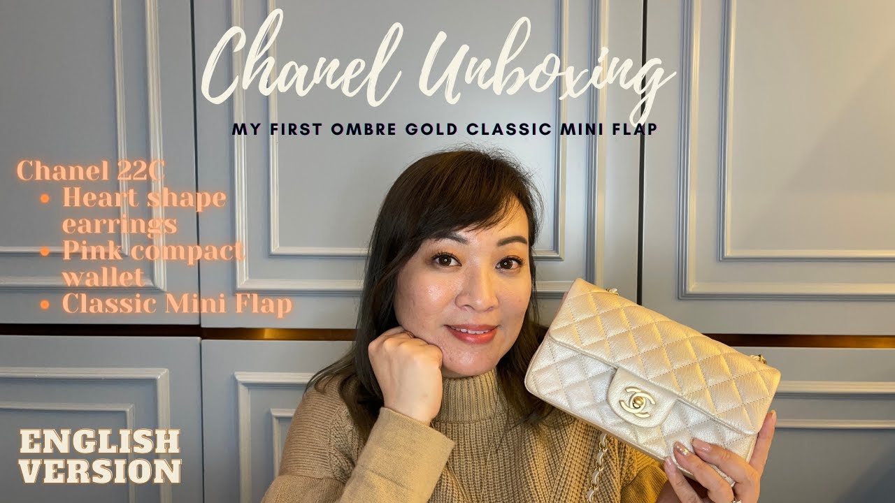 English, Unboxing Chanel 22C Heart Shape Earrings, Pink Compact Wallet,  Ombre Classic Mini Flap