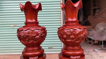 Cặp lục bình củ tỏi gỗ xà cừ 1m47x56.Hàng đục tứ quý kênh bong sắc nét-phun sơn đỏ đẹp.☎️0354318894