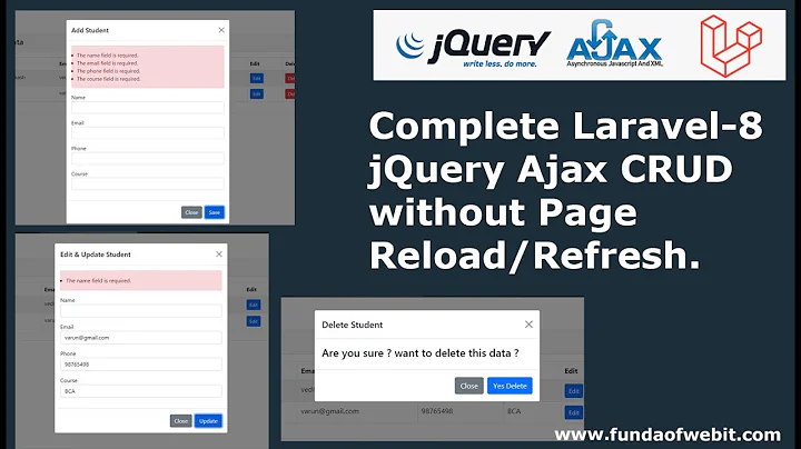 Laravel 8 jQuery Ajax CRUD without Page Reload/Refresh with Form Validation in Laravel 8