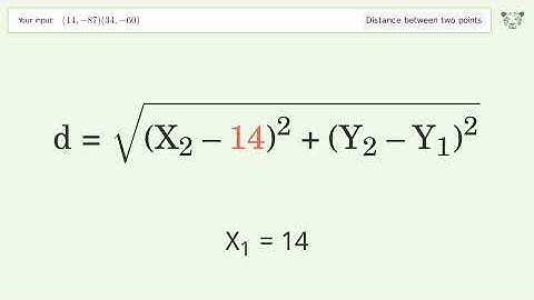 Find the distance between two points p1 (14,-87) and p2 (34,-60): Step-by-Step Video Solution