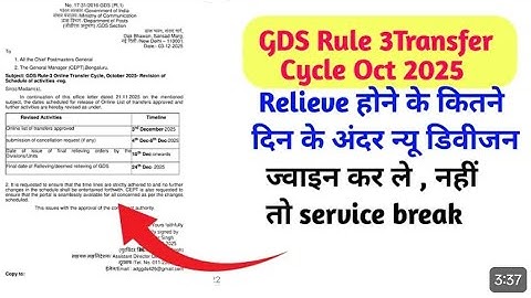 GDS Transfer Oct 2025 Relieve होने के कितने दिन के अंदर न्यू डिवीजन join करे, नहीं तो service break