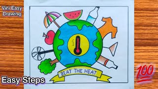 Easy Beat The Heat Poster Drawing Step by Step 🌍🔥 | Summer Safety Poster 