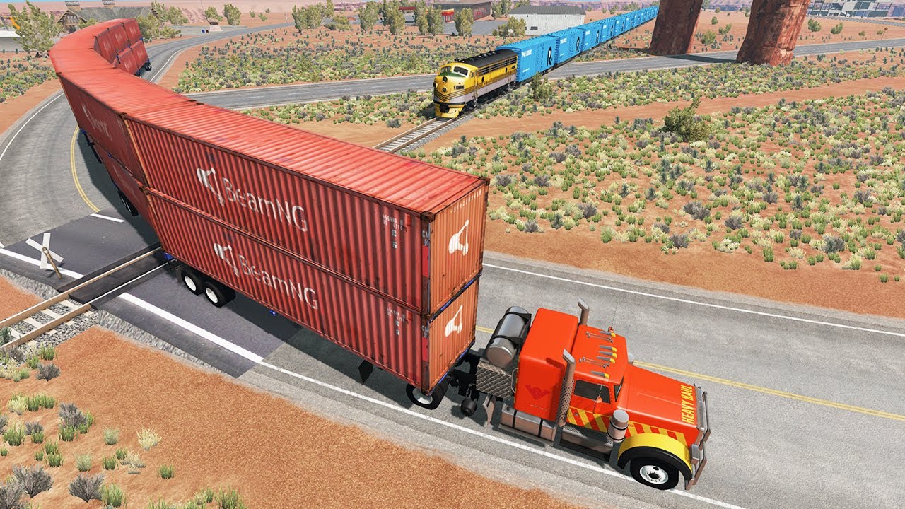 Long Giant Truck Accidents on Railway and Train is Coming #13 | BeamNG Drive