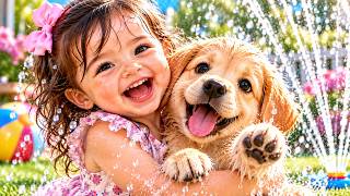 💦 Mia & Her Puppy Play in the Water! 🐶🌈 Cute Kids & Puppy Fun Water Play