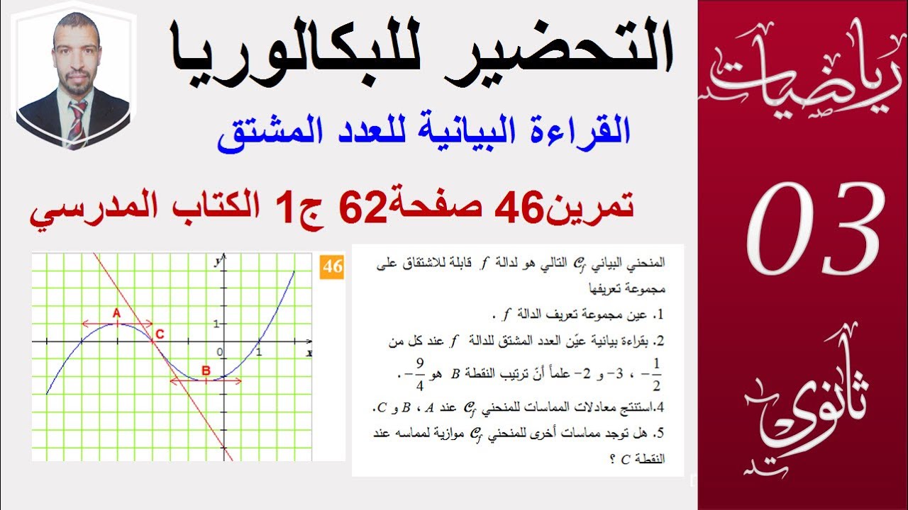 التحضير للبكالوريا  (04) دراسة الدوال (الشعب:العلمية،التقنية،تسيير)الاشتقاق (تمرين 46 صفحة 62ج1 )