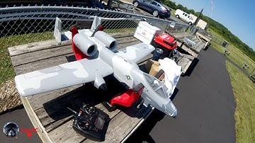 E-Flite A-10 Fourth of July flight. Missed the dip on takeoff. Grass landing worked. No damage.