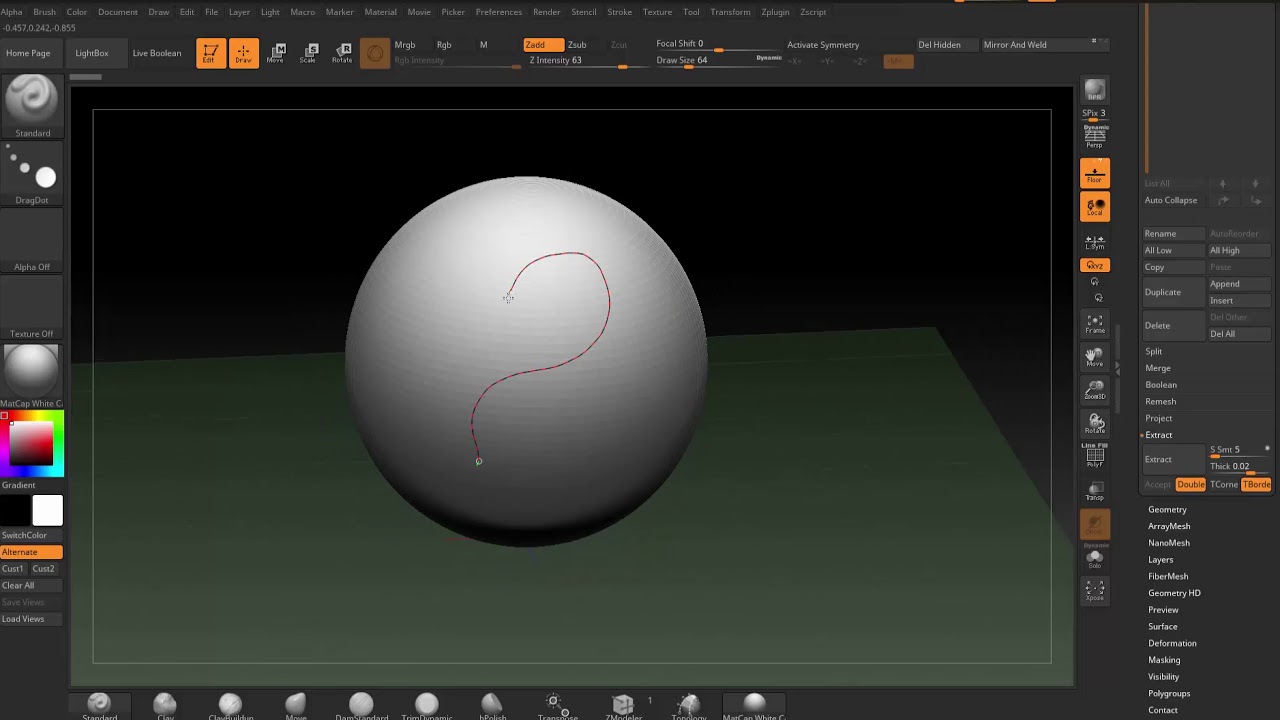 how to sketch on a curved surface zbrush
