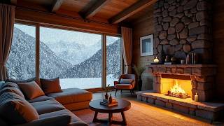 Cozy Cabin Fireplace Ambience ❄️ Crackling Fire & Jazz Piano | Snowy Mountain View | 4K