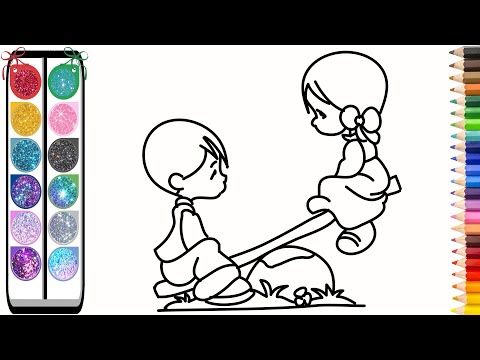 Vẽ và tô màu bé chơi bập bênh | The baby playing seesaw Drawing and coloring