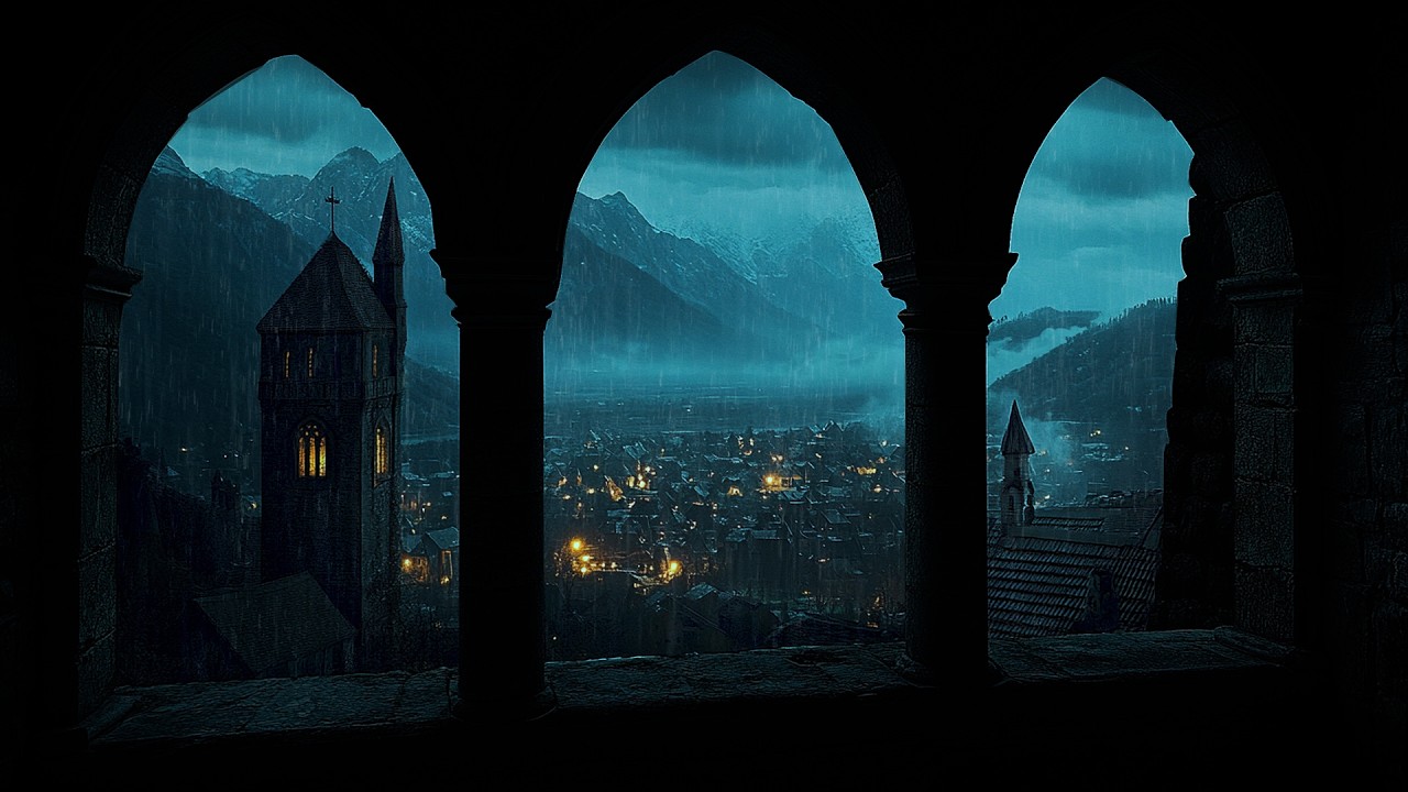 Endless Rain and Distant Thunder by a Medieval Castle Window | Dark Gothic Night Ambience