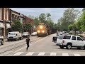 Cars & Trucks In Way As Street Running Trains Run Down Main Street!  People Scamper For 3 CSX Trains