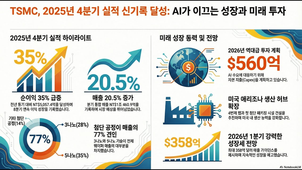 TSMC, '25년 4분기 사상 최대 실적 달성, '26년 1분기 재무 전망, 설비 투자 계획(26.01.15)