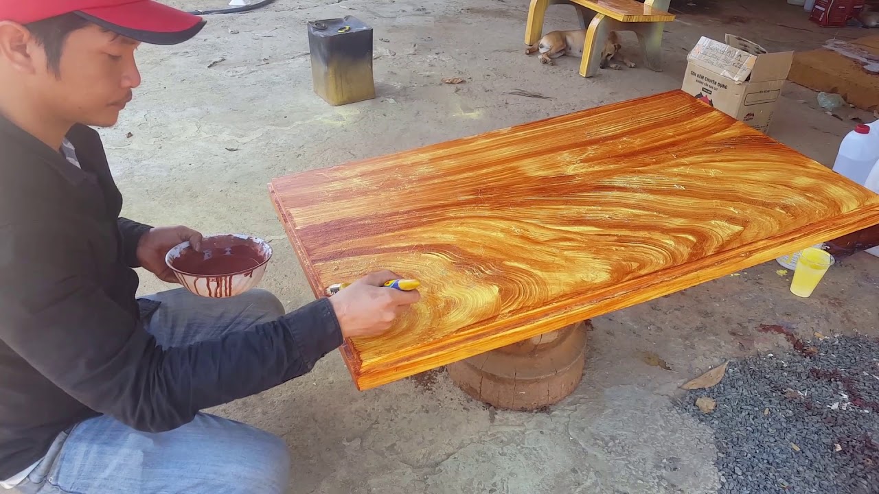 Sơn giả gỗ mặt bàn xi măng bằng màu cánh gián sơn nước Okay Paint - Table cement look like wood