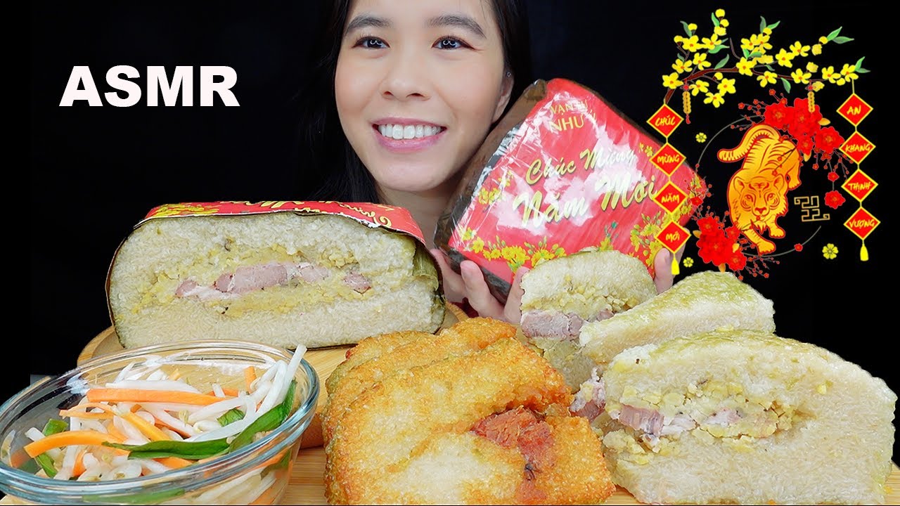 ASMR FRIED VIETNAMESE STICKY RICE CAKE (Bánh Chưng) LUNAR NEW YEAR MUKBANG | Rossikle ASMR