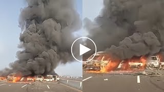شاهد حادث طريق اسكندريه الصحراوي في مصر تصادم اكثر من ٣٥ سياره موعد