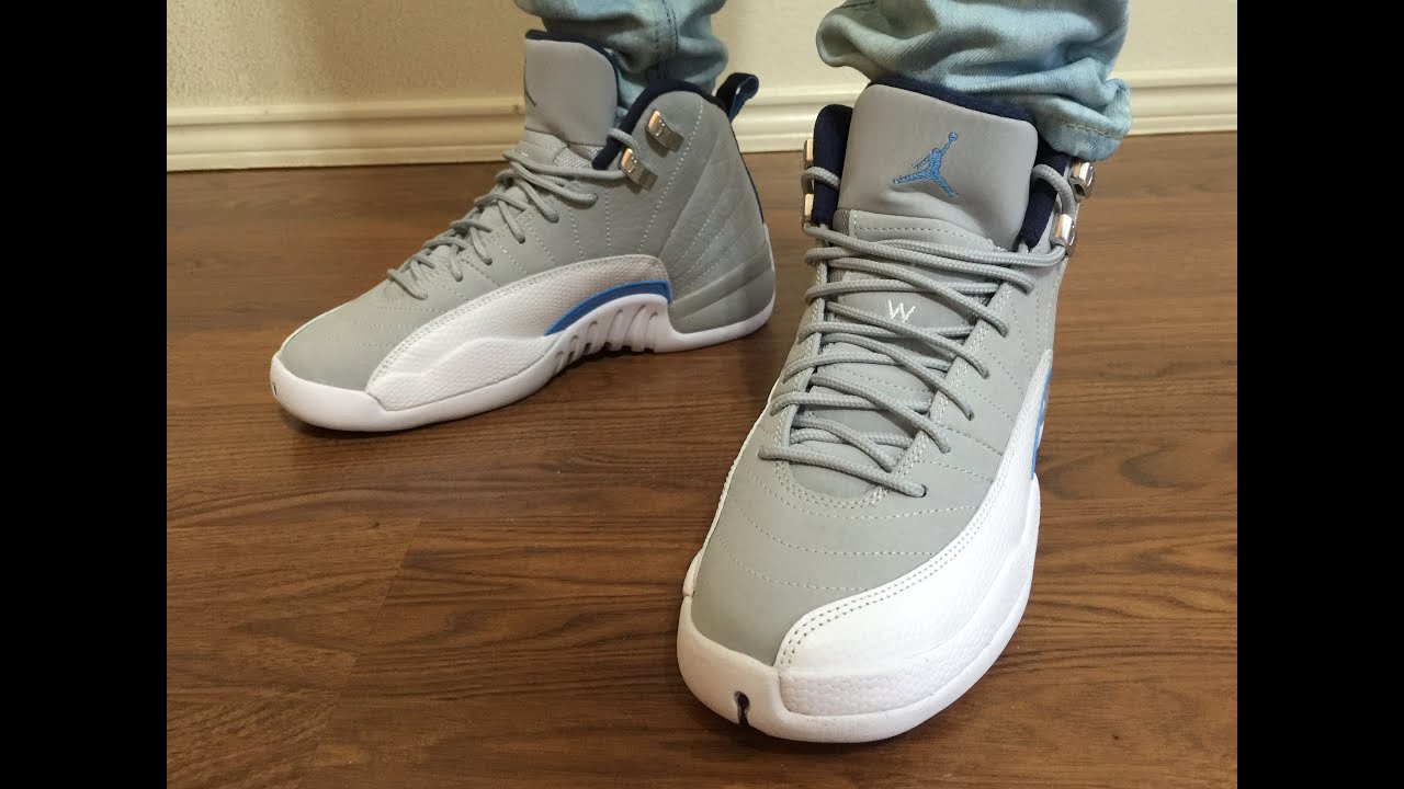 jordan 12 grey university blue on feet