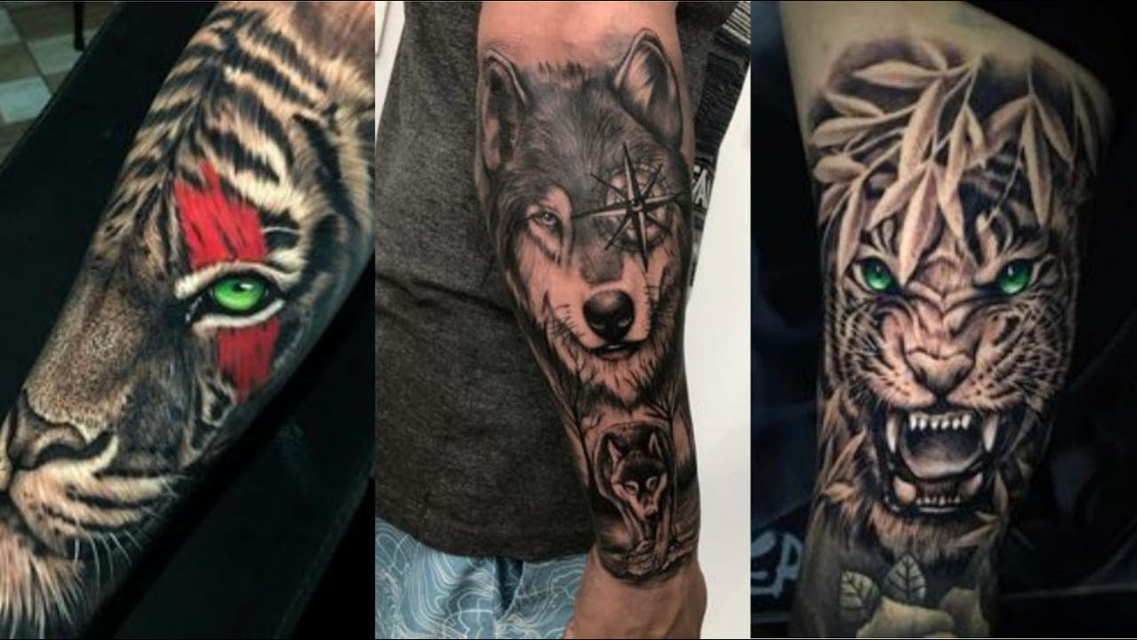 Psychedelic wolf tattoo on the right calf.