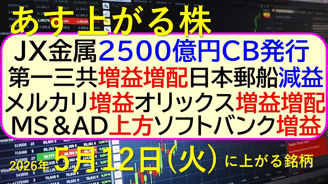 JX金属、2500億円CB発行。第一三共増益増配。メルカリ増益。オリックス