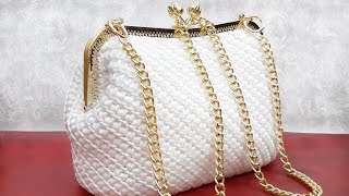 شنطة كروشيه أنيقة بالتفصيل/ إطار معدن ذهبى/ خيط القيطان /Elegant crochet bag with golden metal frame