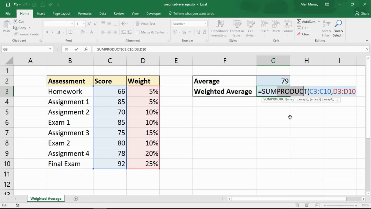 Weighted Average with the SUMPRODUCT Function in Excel Weighted Mean