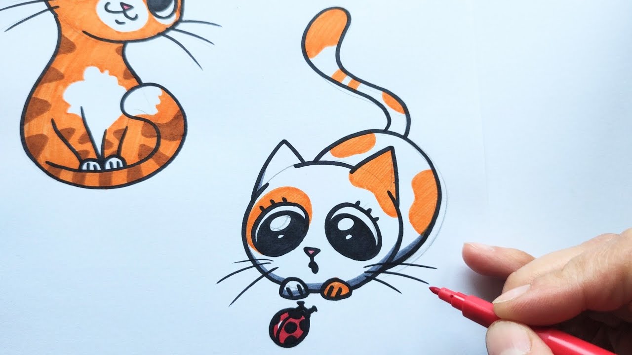 How to draw a super cute cat staring at a ladybug - YouTube