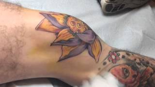 Kneecap lotus tattoo -Jon Beechly THIRD ENERGY TATTOO- Bakersfield CA