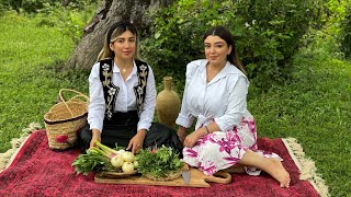 Cooking a Mix of Meat and Vegetables in the Forest on a Rainy Day