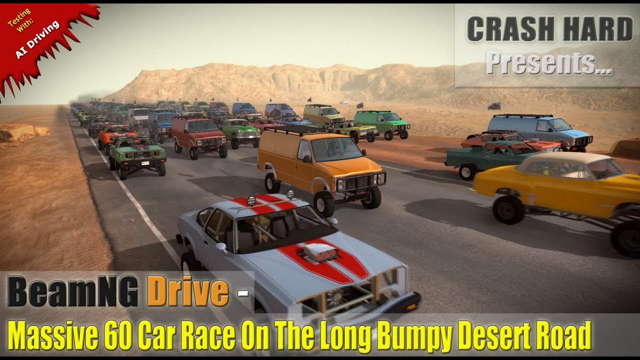 BeamNG Drive Massive 60 Car Race On The Long Bumpy Desert Road (Rock