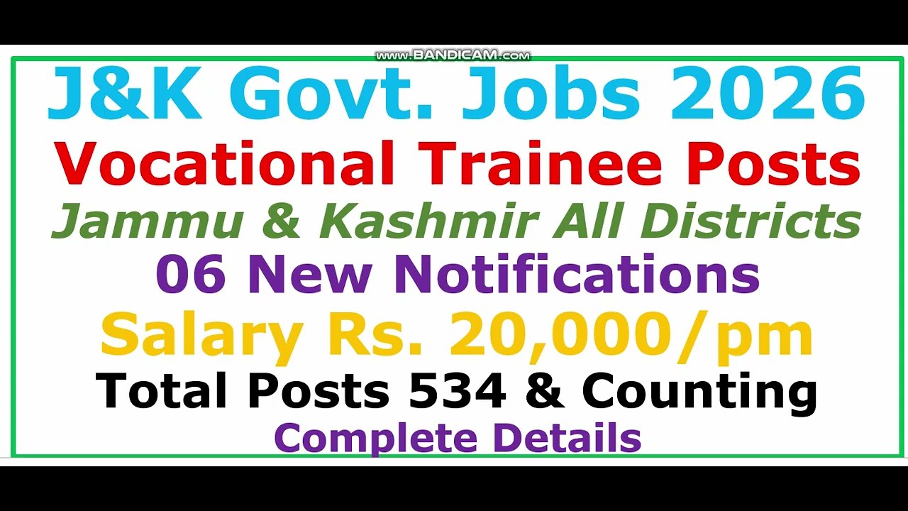 📢 Massive Hiring in J&K! 534 Vocational Trainer Vacancies | Apply Now | ₹20K, 06 New Notifications