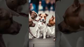Jack Russell dog saves the cat from aggressive pit bulls attack