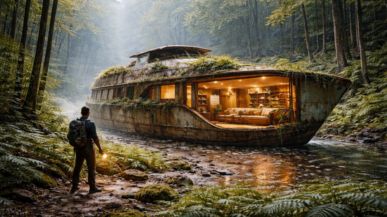 Building a Luxury HOUSE Inside an Abandoned Boat Hidden Deep in the Forest (ASMR)