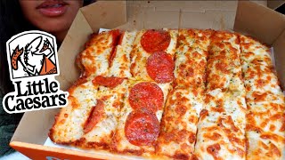 ASMR EATING LITTLE CAESARS PIZZA ( CHEESY PEPPERONI & ALFREDO PASTA ITALIAN CHEESE BREAD MUKBANG