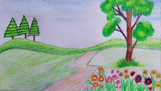 How to draw a scenery of flower garden step by step