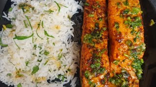 LEMON BUTTER GARLIC SALMON FISH 🐟 WITH NEW RECIPE | SALMON FISH WITH RICE| EASY DINNER IDEA