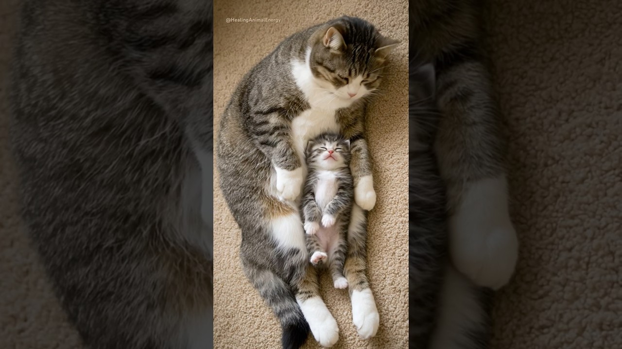 Mom Cat Proudly Watches Her Little One Sleep Like an Angel