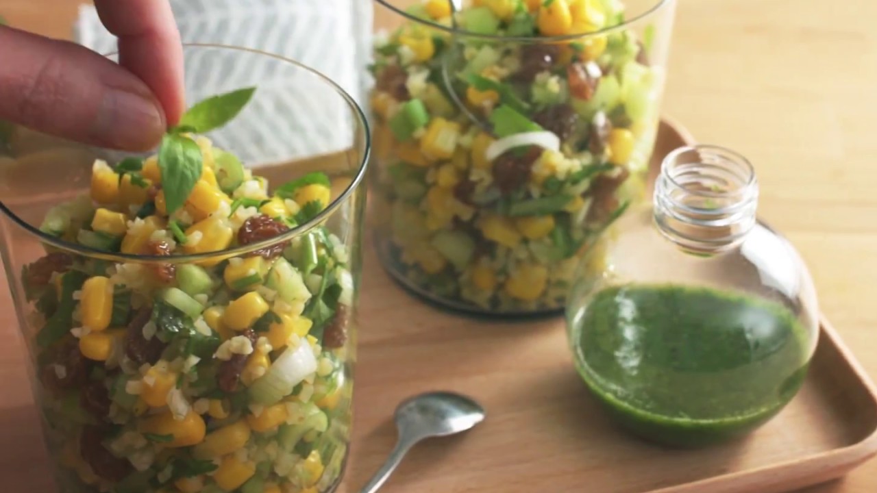 Taboulé « végan » de maïs et jus d’herbes fraîches
