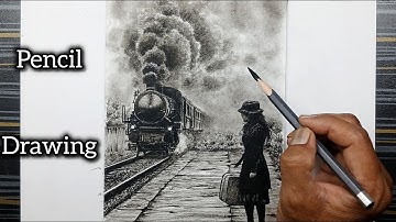 Easy drawing with pencil of a steam train and a girl at an old railway station.