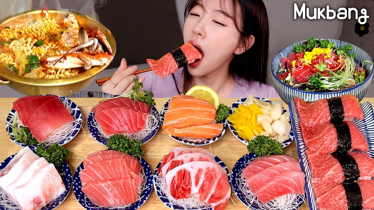 Свежий тунец сашими, который мы поймали сегодня. Жаркий краб-рамен  tuna sashimi ASMR REAL MUKBANG