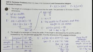 A1 Word Problems Day 2 - Perimeter and Consecutive Integers - Class Notes