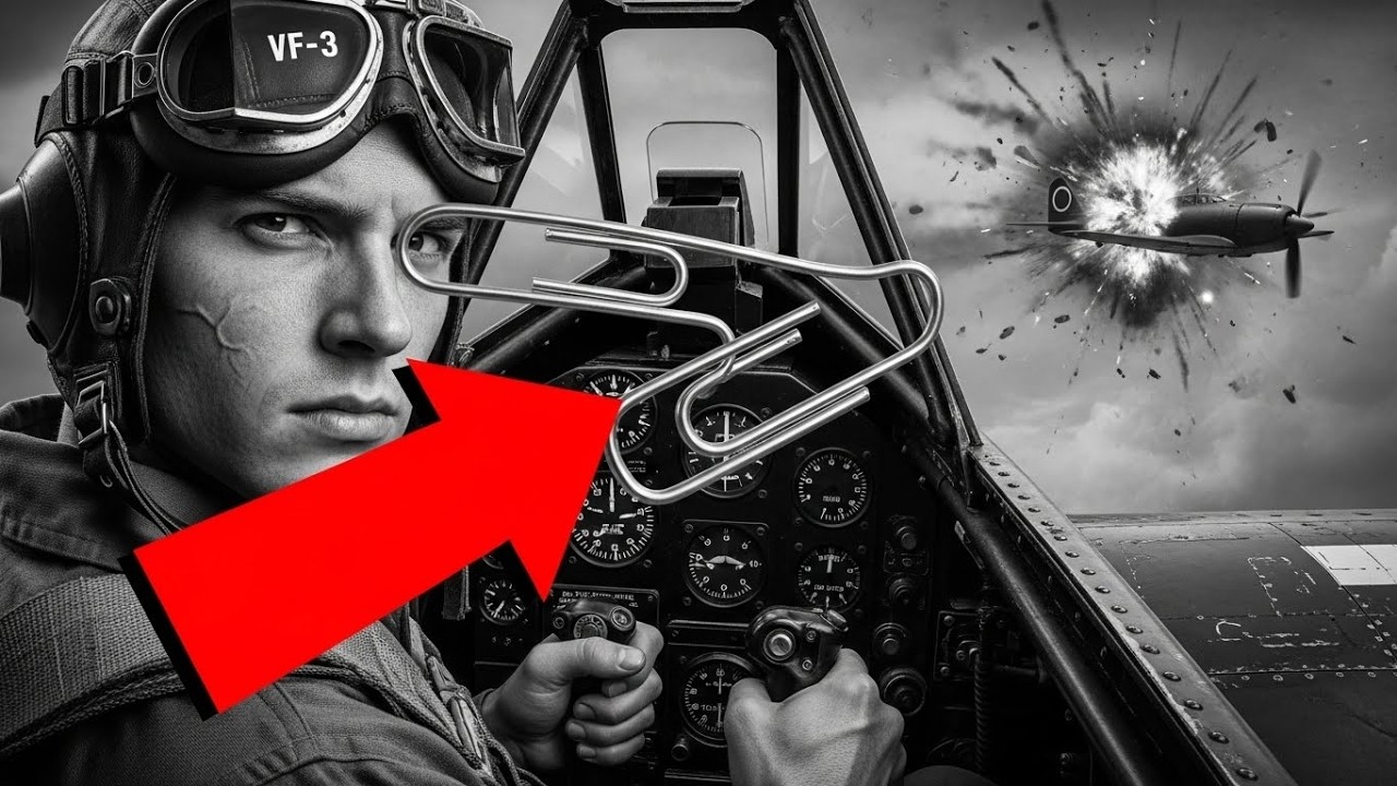 Giant paper clip in foreground as pilot aims and a Zero is shot down ...